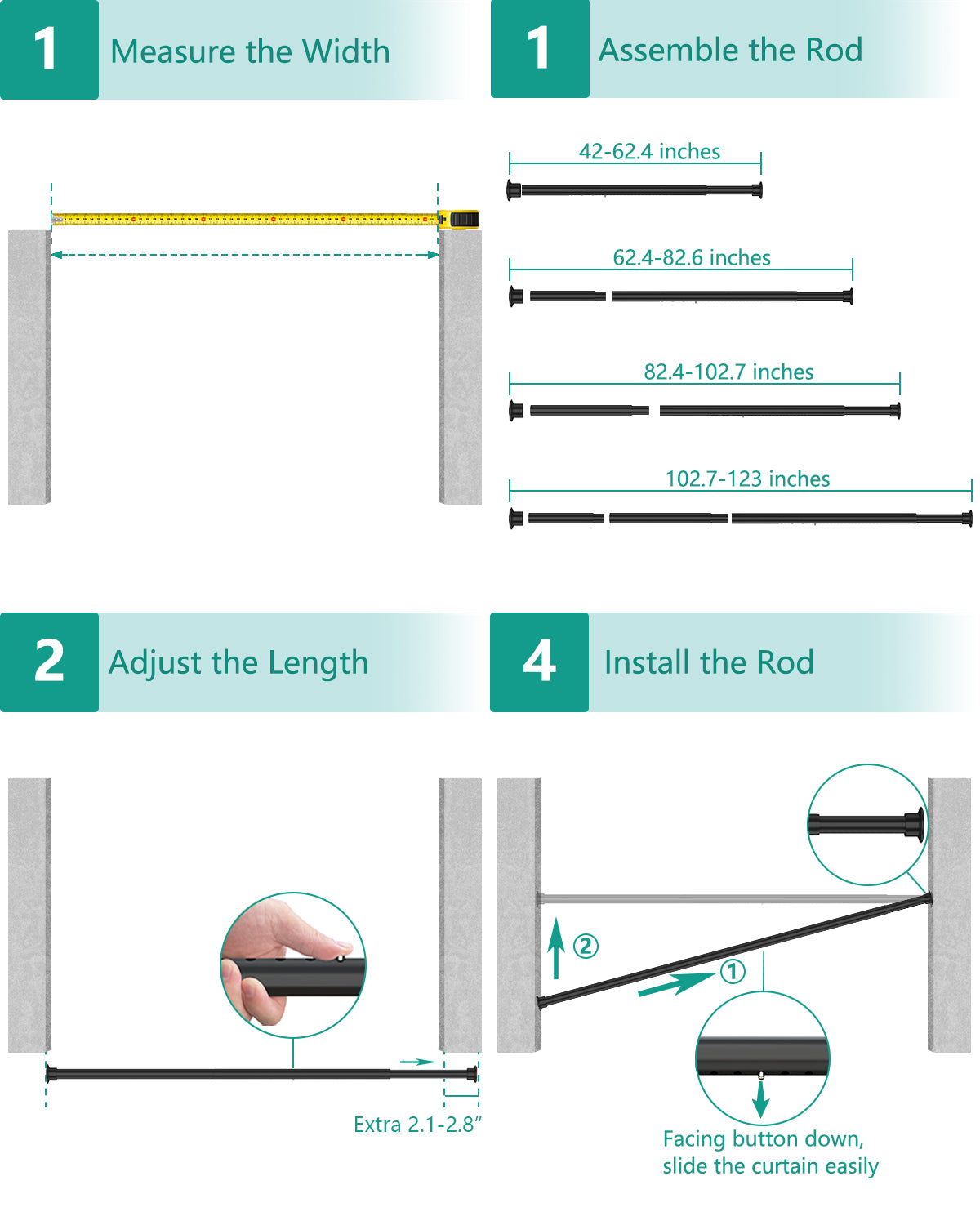 EZ03L Tension Curtain Rods for Windows, 42 to 123 Inches