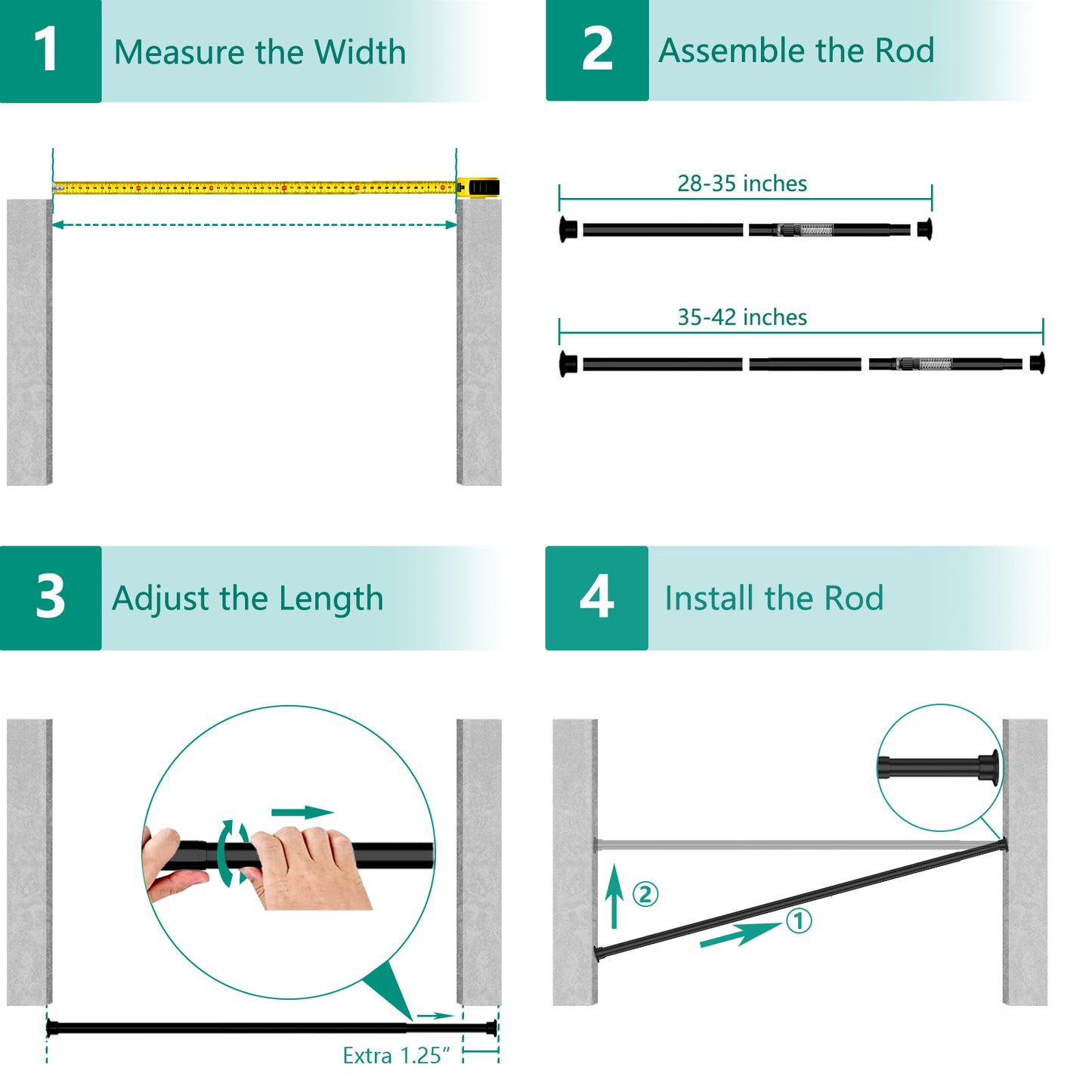 EZ02S Tension Curtain Rod, 28 to 43 Inches