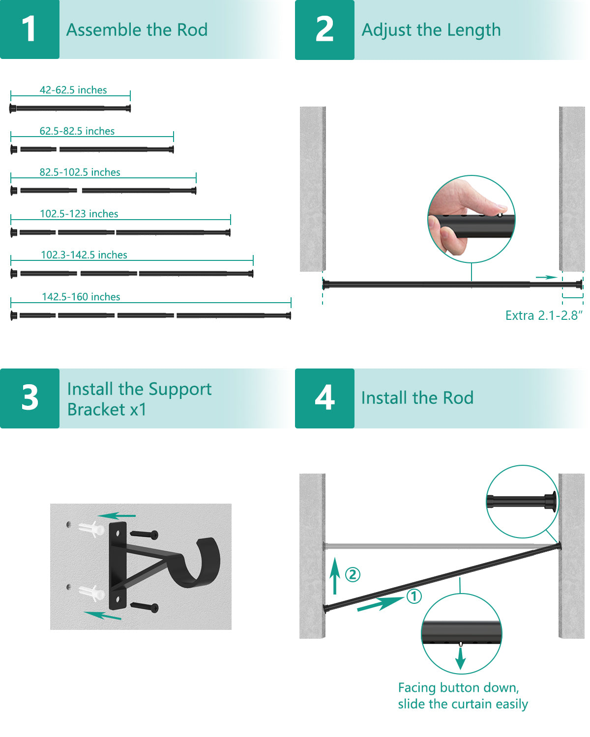 EZ03XL Tension Curtain Rods for Windows, 42 to 160 Inches