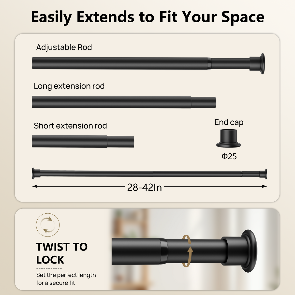 EZ02S Tension Curtain Rod, 28 to 43 Inches