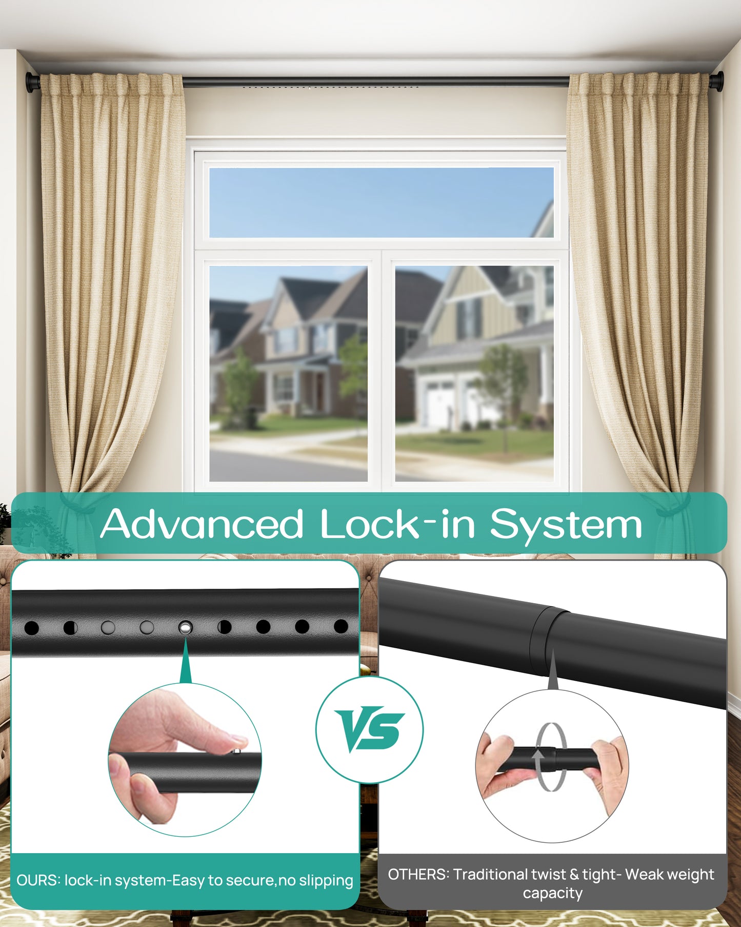 EZ03L Tension Curtain Rods for Windows, 42 to 123 Inches