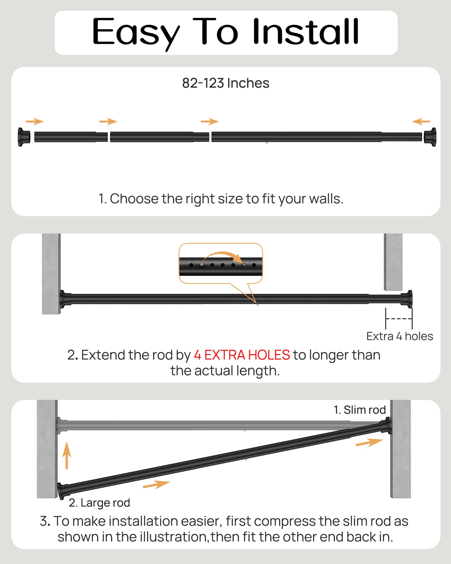 EZ06L Tension Curtain Rod by EZFurni, 82 to 123 Inch