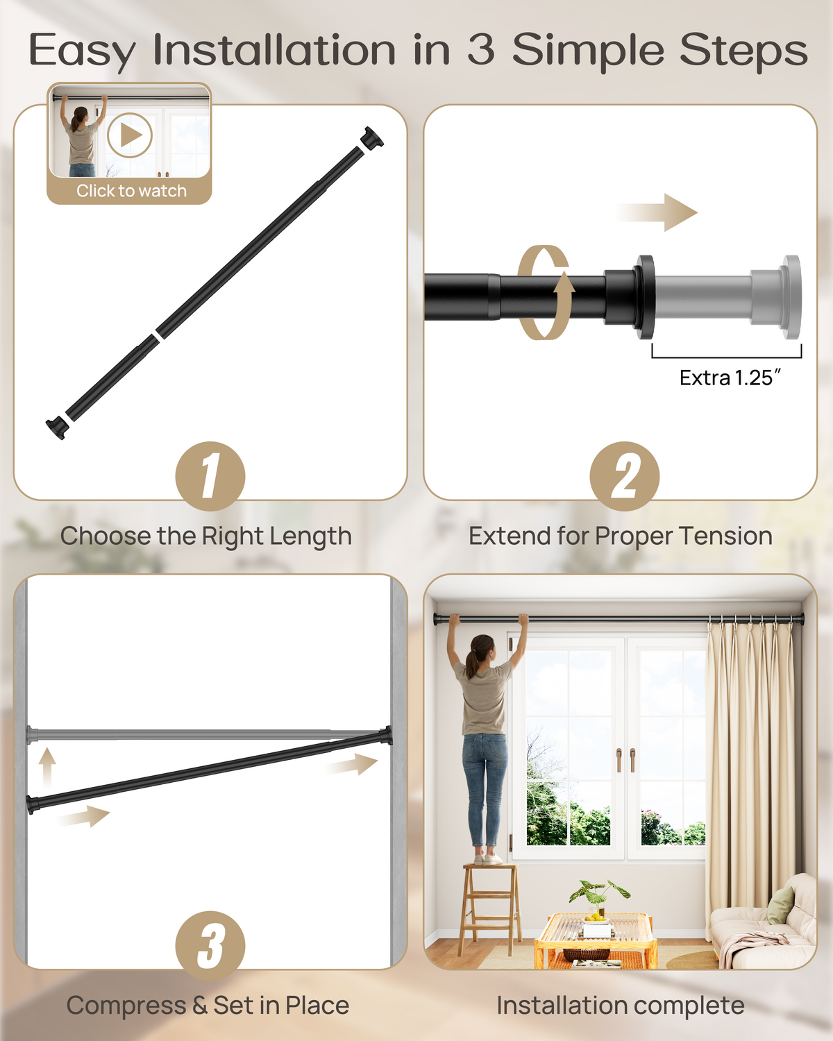 EZ03M Heavy Duty Tension Curtain Rod by EZFurni,42 to 76 Inches