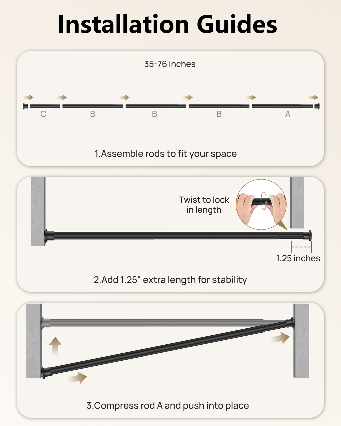 EZ02M Tension Curtain Rod, 35 to 76 Inches