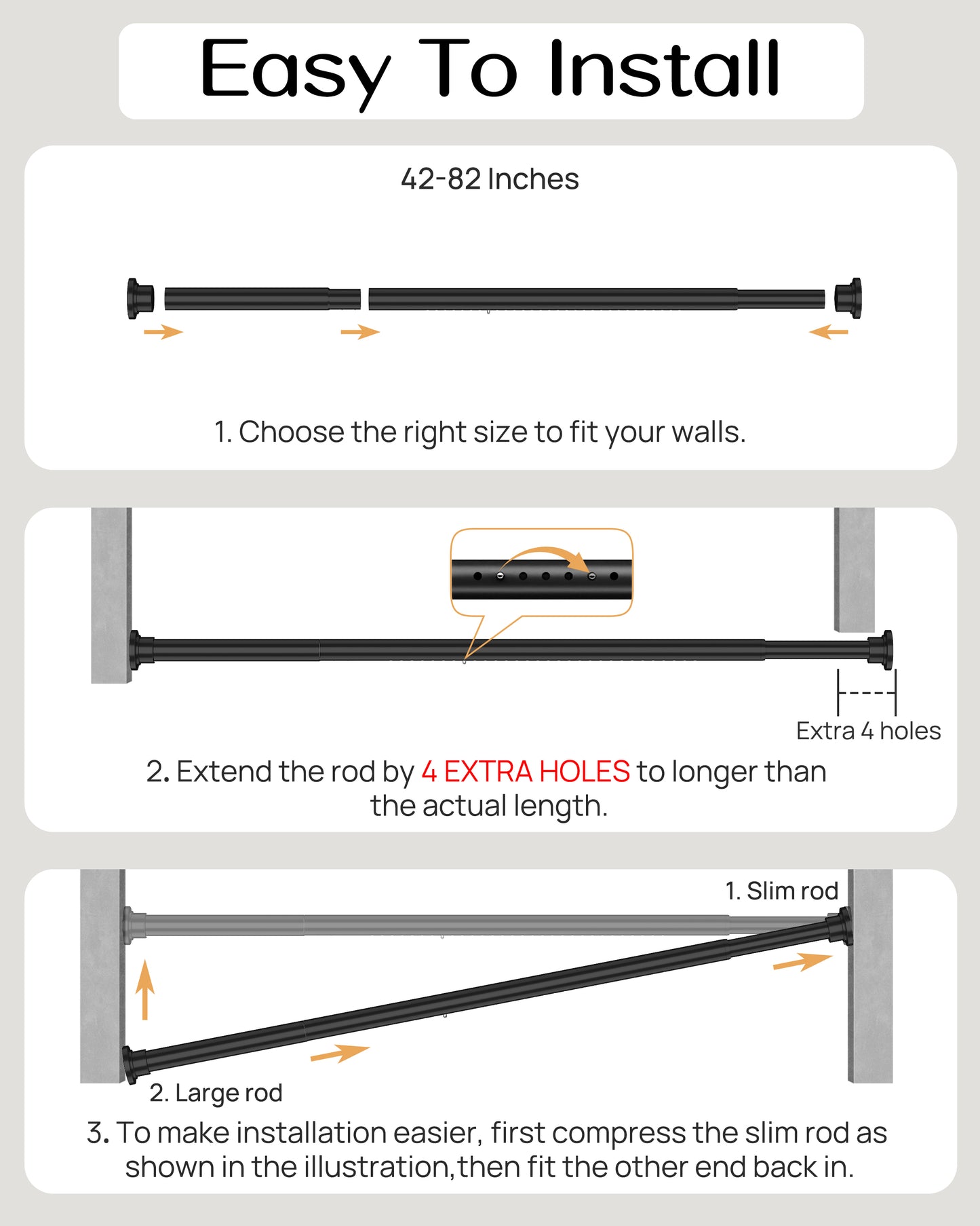 EZ06M Tension Curtain Rod by EZFurni, 42 to 82 Inch