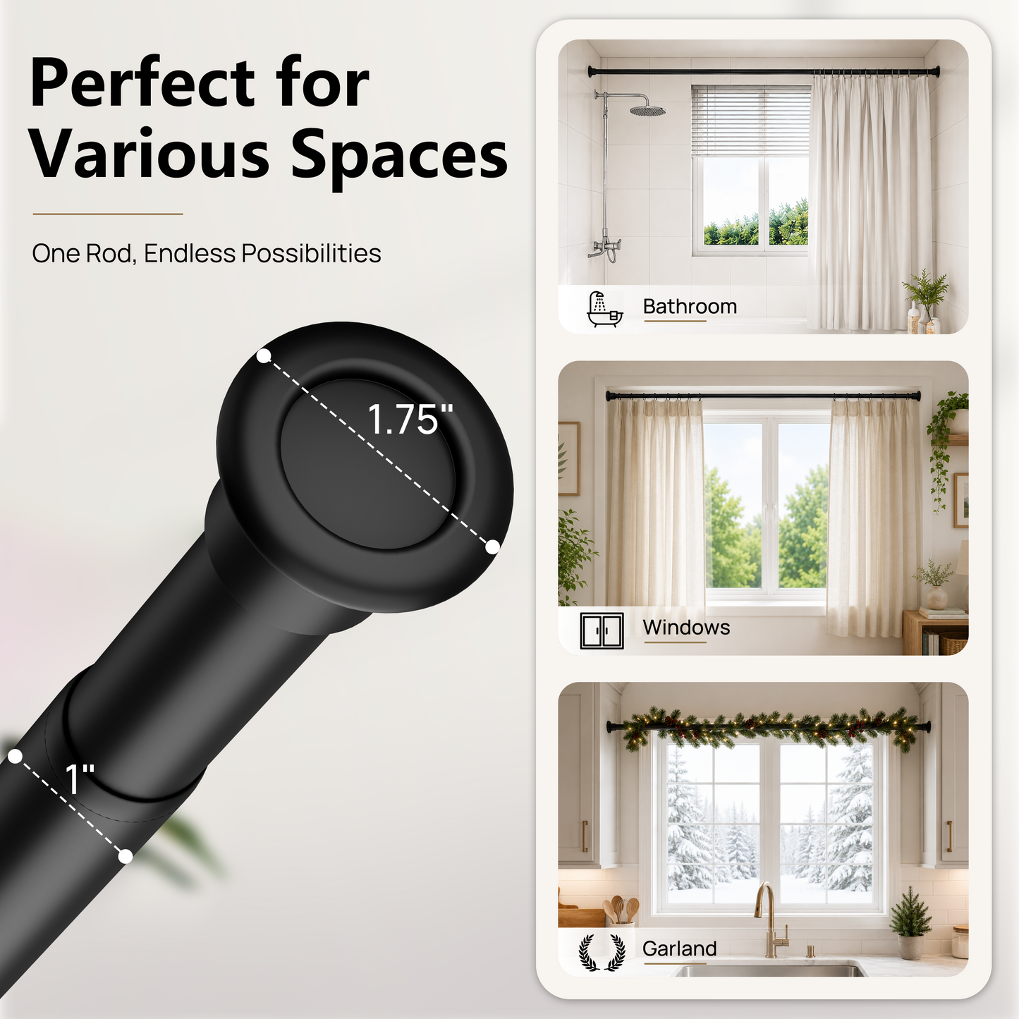 EZ02M Tension Curtain Rod, 35 to 76 Inches