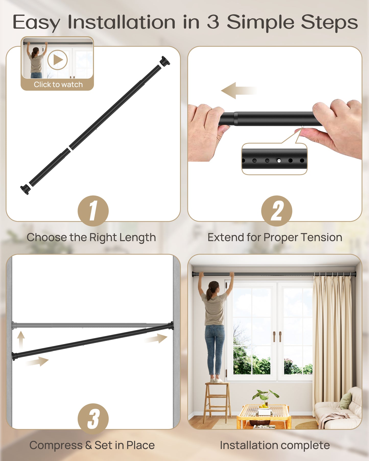 EZ03M Heavy Duty Tension Curtain Rod by EZFurni,35 to 76 Inches