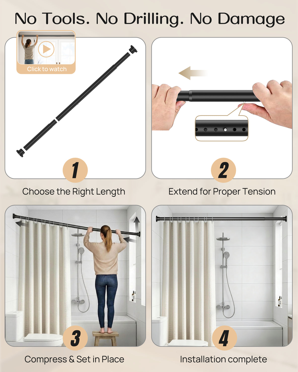 EZ06M Tension Curtain Rod by EZFurni, 42 to 82 Inch