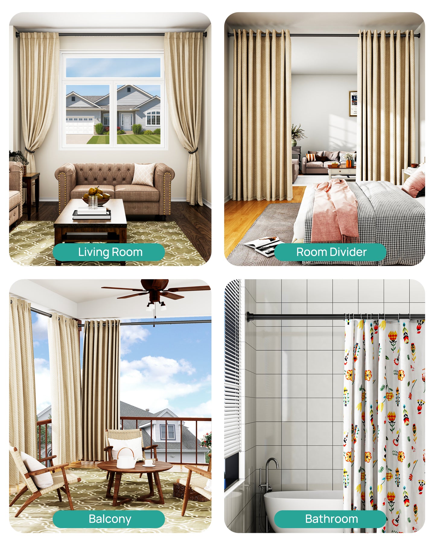 EZ03L Tension Curtain Rods for Windows, 42 to 123 Inches