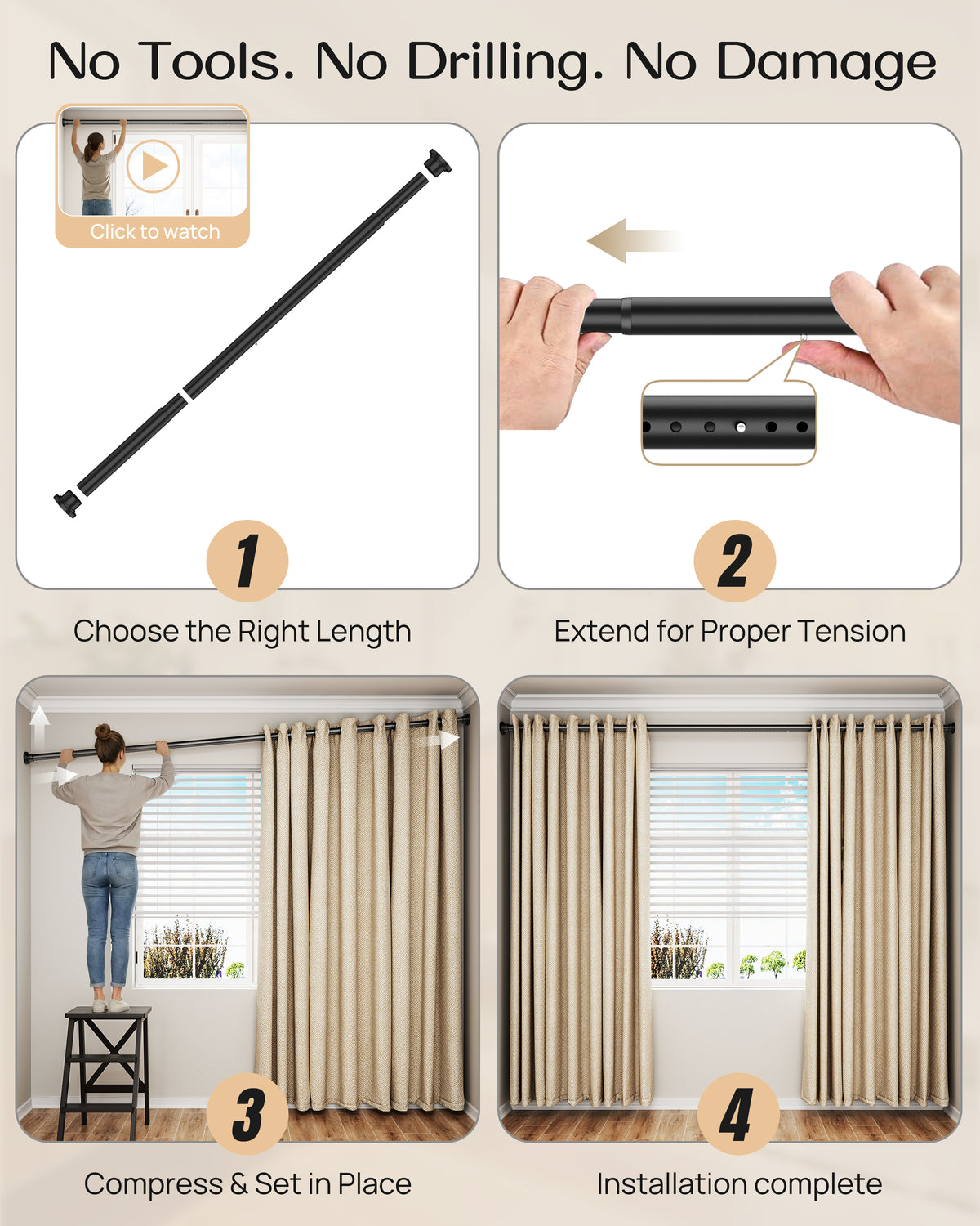 EZ06L Tension Curtain Rod by EZFurni, 82 to 123 Inch