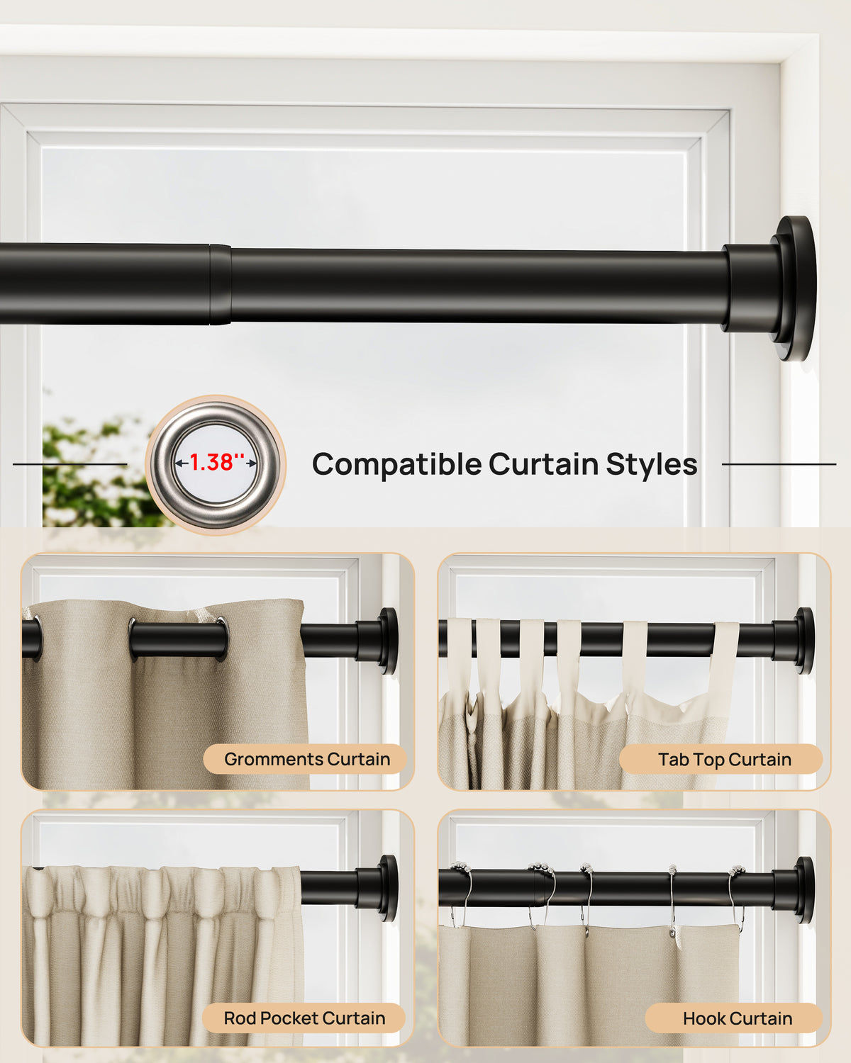 EZ06L Tension Curtain Rod by EZFurni, 82 to 123 Inch